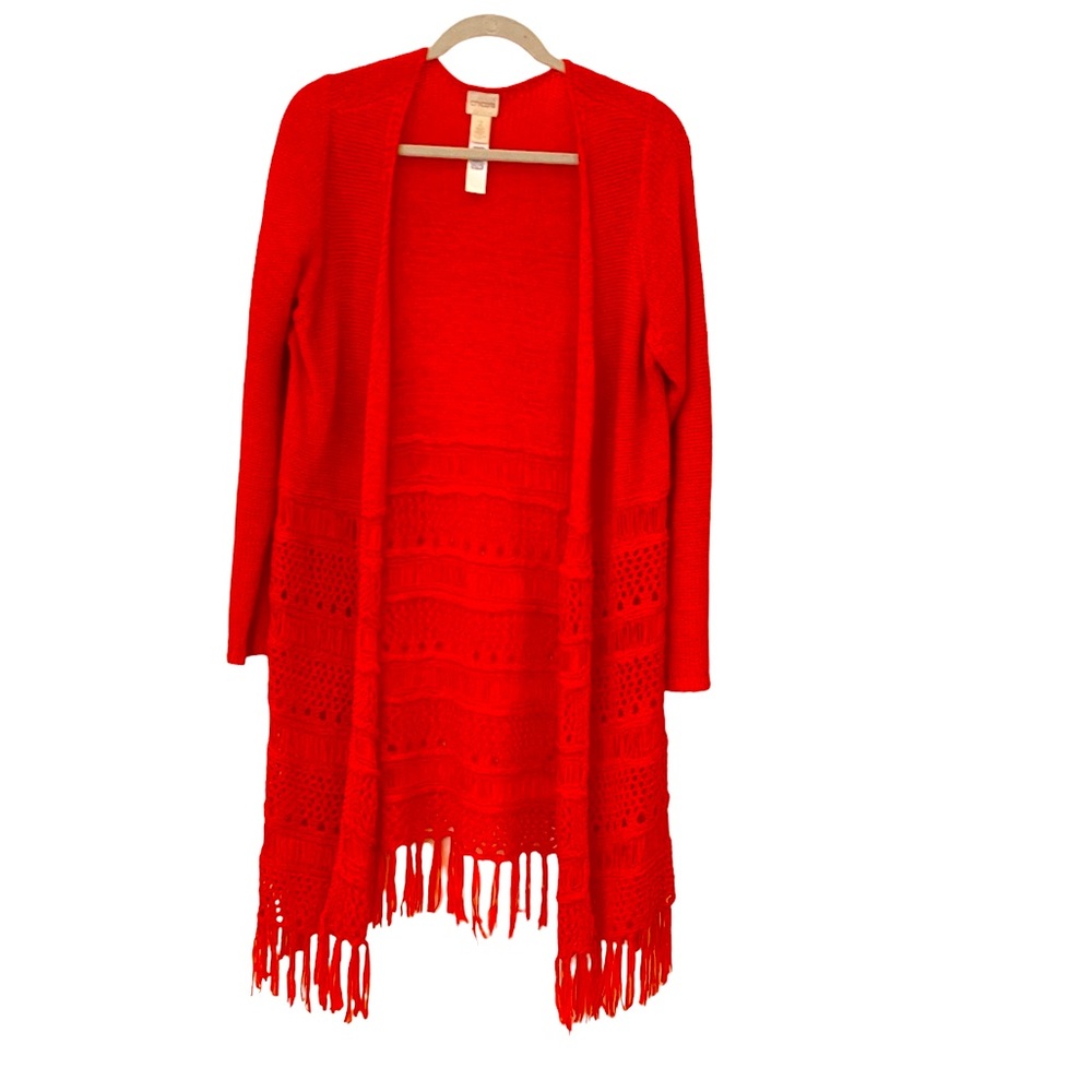Chico’s Orange “macramé” detail long cardigan